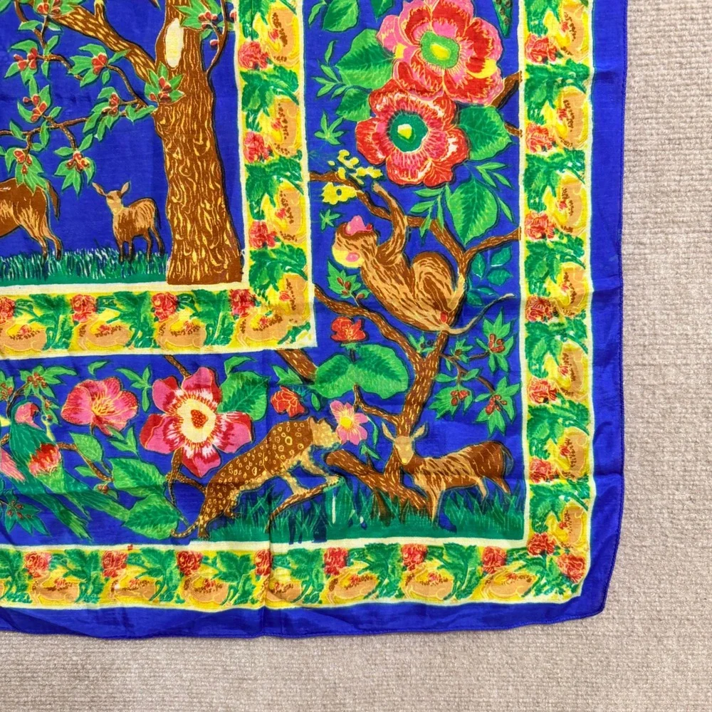 Vintage Jungle Wildlife Silk Scarf Blue Tiger Monkey Peacock Floral Square Scarf